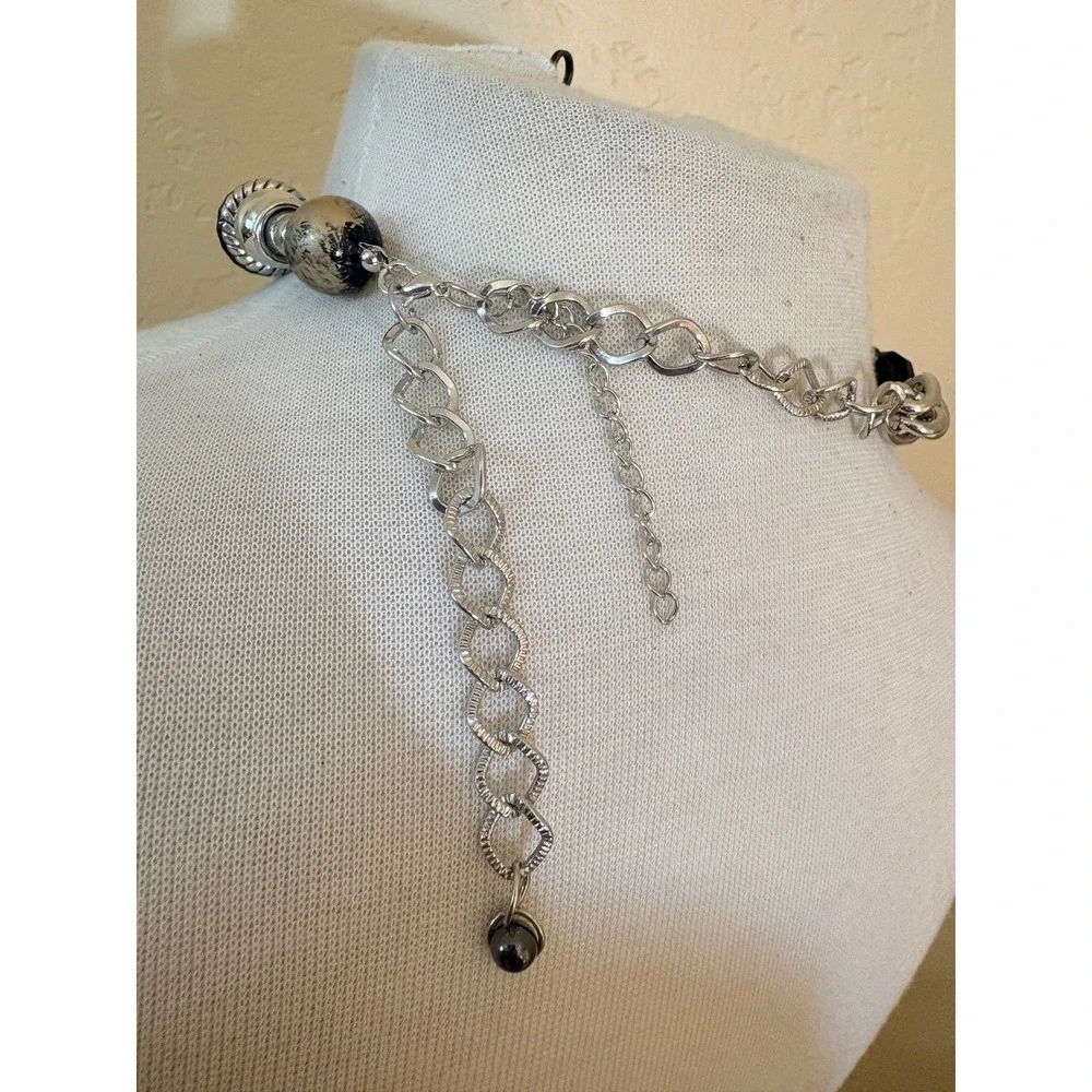 Chunky Silver Black Woven‎ Chain Charm Choker Necklace Heart Flower Y2K Grunge